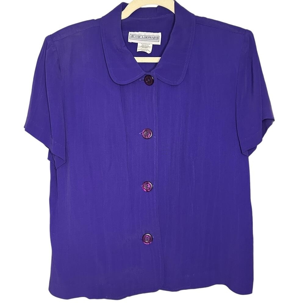 Vintage Royal Purple Short Sleeve Button Up Blouse Size 12